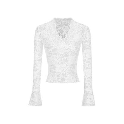 2026 Spring Sexy V-neck Lace Long Sleeved T-shirt Fashionable Women's Waist Cinching Slimming Fit Pullover Casual Club Outfit