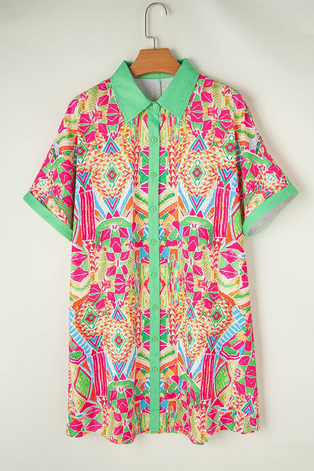 Orange Geometric Print Contrast Short Sleeve Shirt Dress
