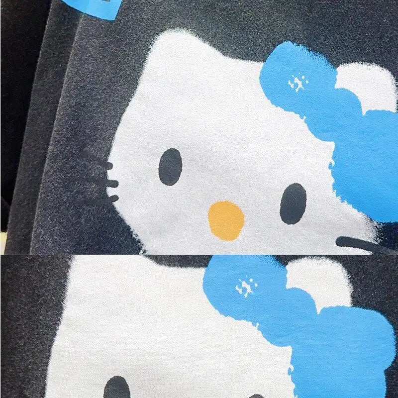 Hello Kitty High-Quality New Short-Sleeved Cotton Retro Age-Reducing Tops Cartoon Loose T-Shirt Street Fashion Hot-Selling Gifts
