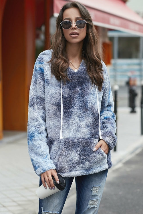 V-neck Tie-dye Plush Pullover Hoodie