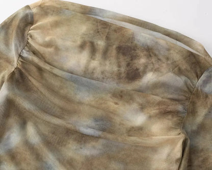 2025 Sexy Tie-Dye Print Ruched Shoulder T-Shirt for Women, Slim Fit Pleated Waist & Full Sleeve Tee (Character Count: 78)