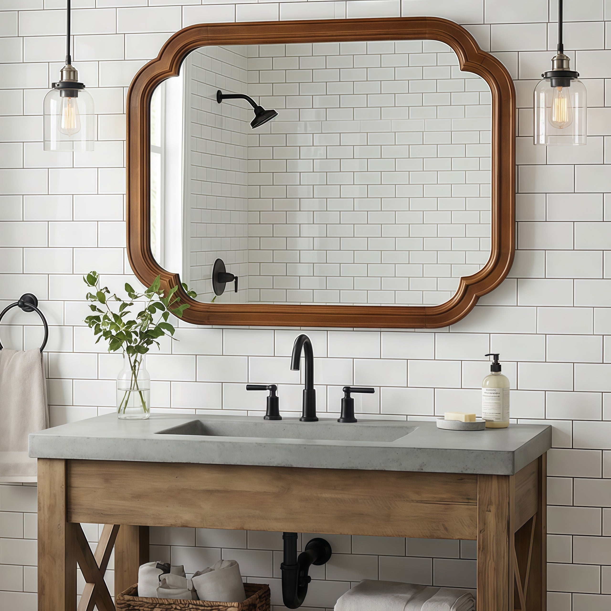 Solid Wood Frame Rounded Corner Decorative Mirror, For Bedroom,
