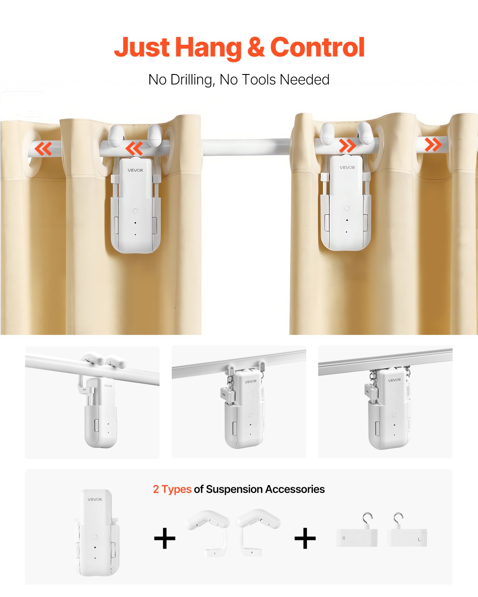 Start2Finish VEVOR automatic curtain opener 2-pack with remote, hub, compatible with Alexa and Google Home, for Roman rods and rails.