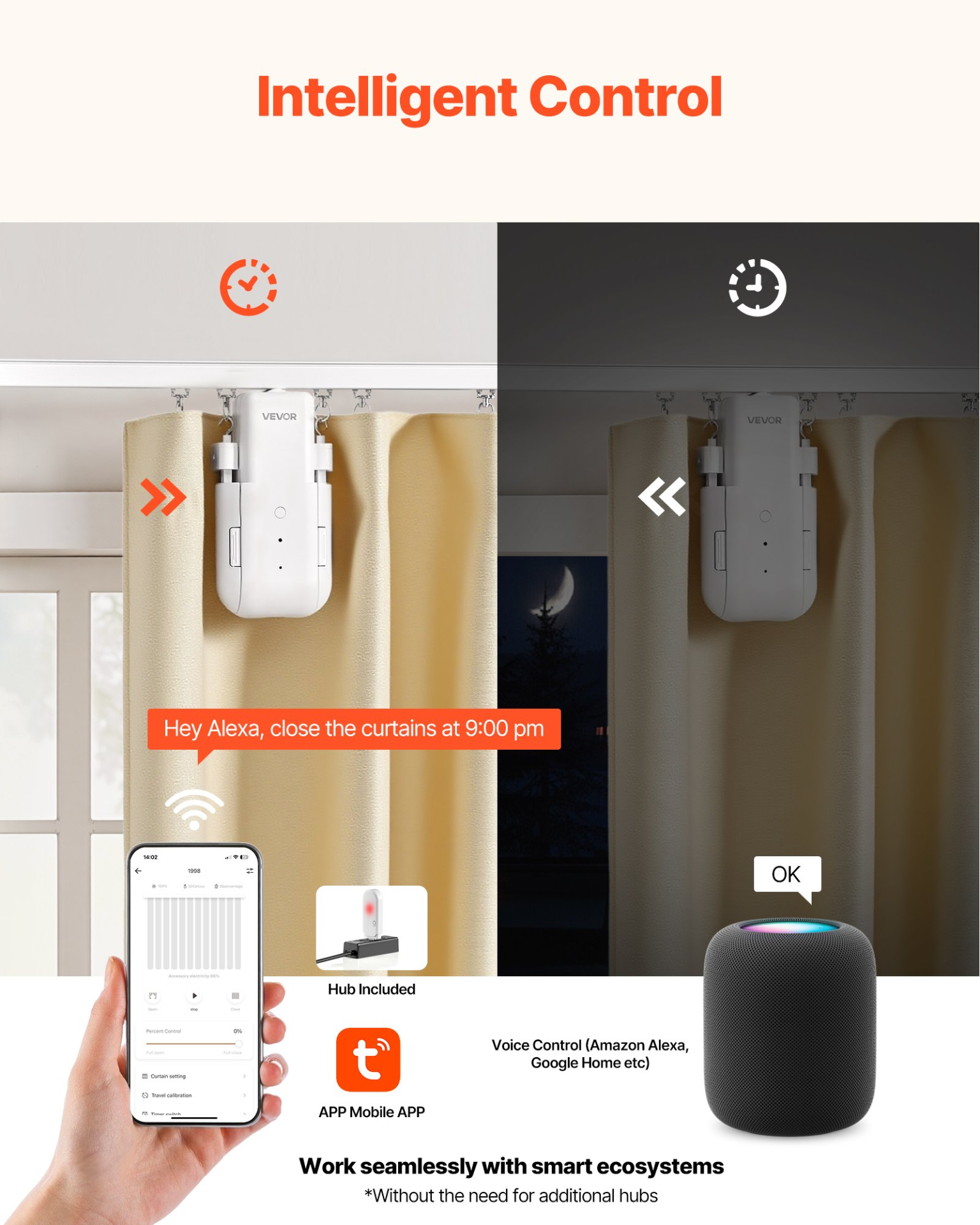 Start2Finish VEVOR automatic curtain opener 2-pack with remote, hub, compatible with Alexa and Google Home for smart timed curtain control