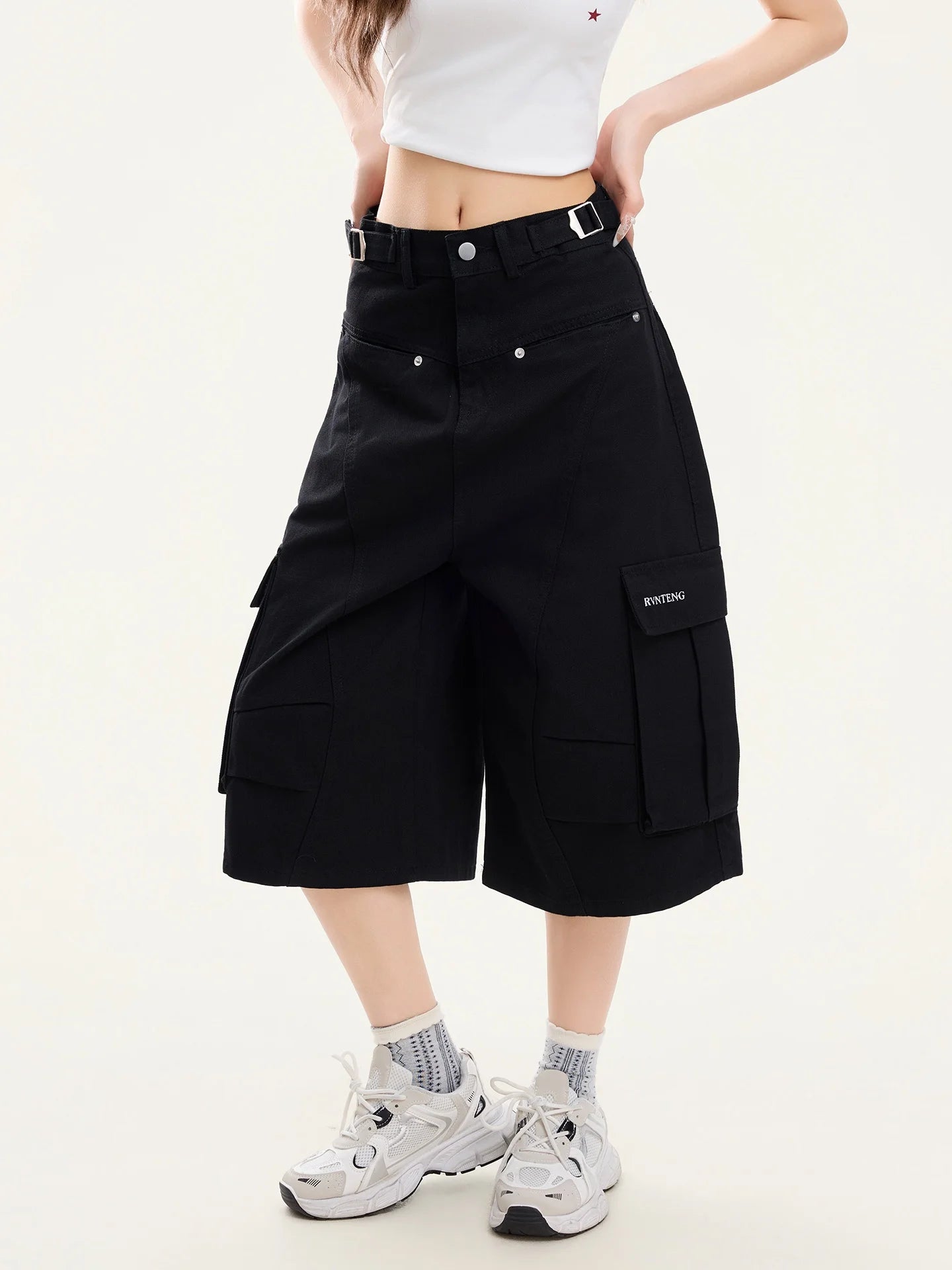 PBB American Style Casual High Waist Wide Leg Pants Women's Workwear Seven-Foot Straight Tube Pants with Big Pockets  Color