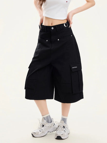 PBB American Style Casual High Waist Wide Leg Pants Women's Workwear Seven-Foot Straight Tube Pants with Big Pockets  Color