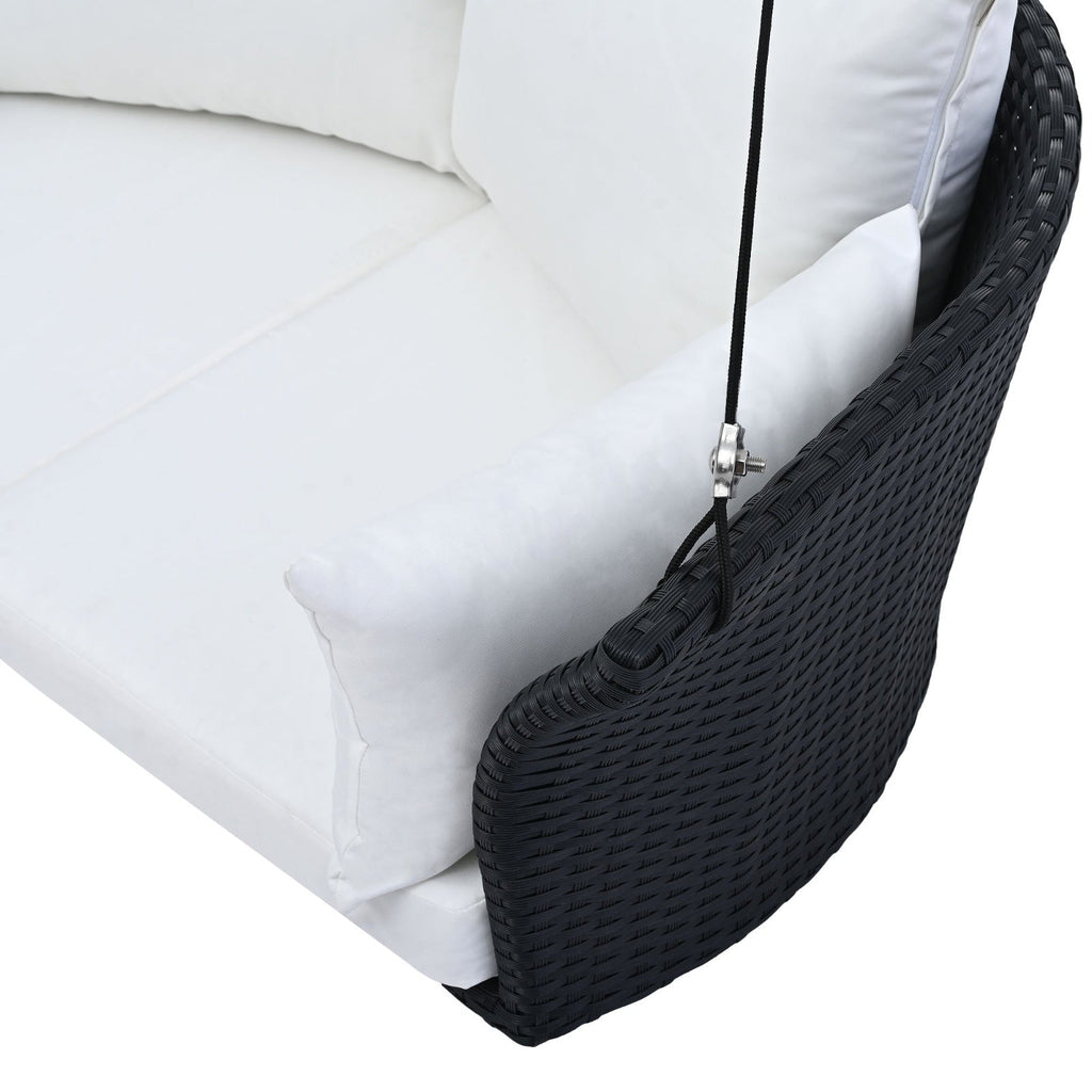 LuneluX_Home – Hanging Rattan Porch Swing for 2 (Black Wicker + White