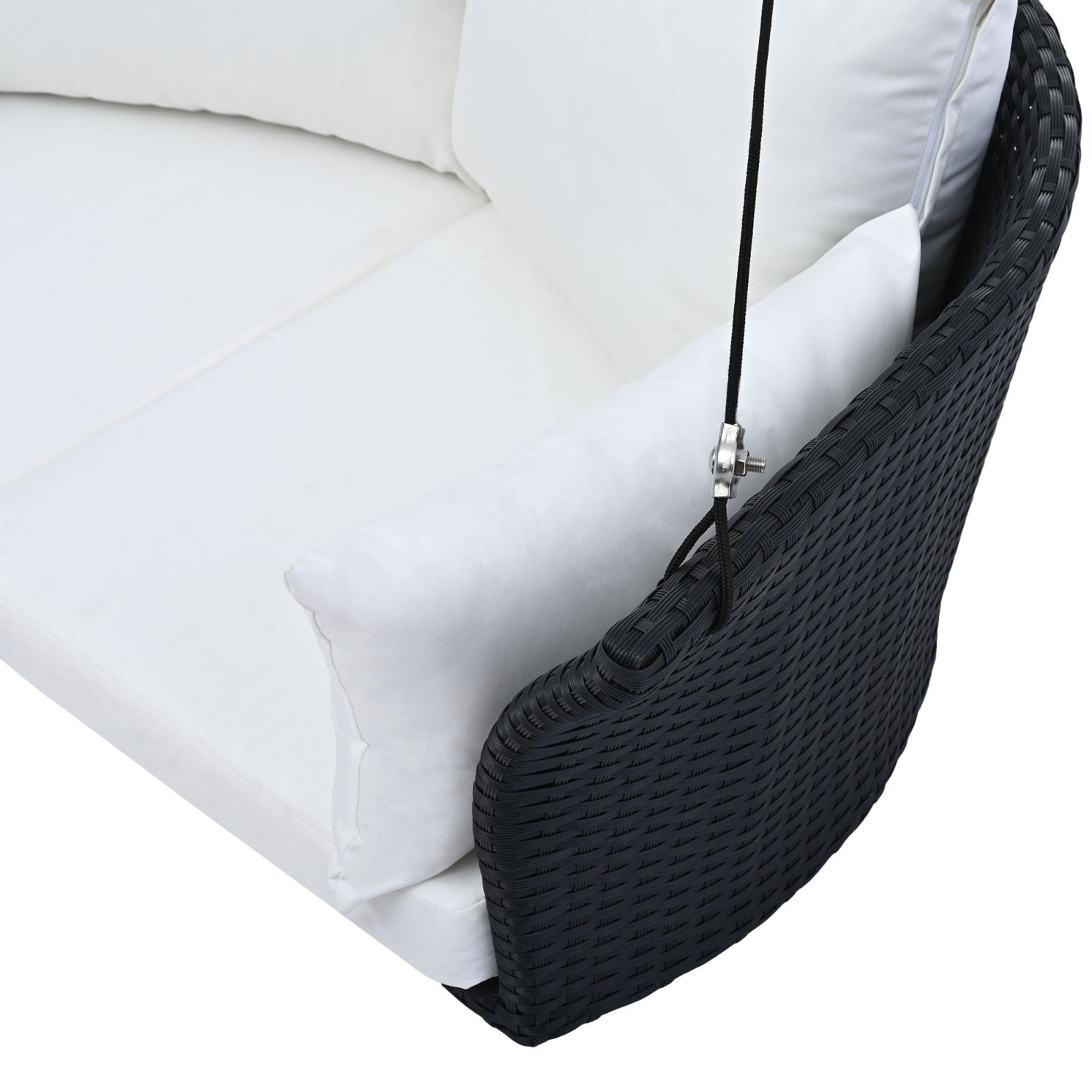 LuneluX_Home – Hanging Rattan Porch Swing for 2 (Black Wicker + White