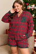 Plus size Christmas plaid pajama set with matching shirt and shorts by Byzantium Bay, cozy holiday sleepwear for women.