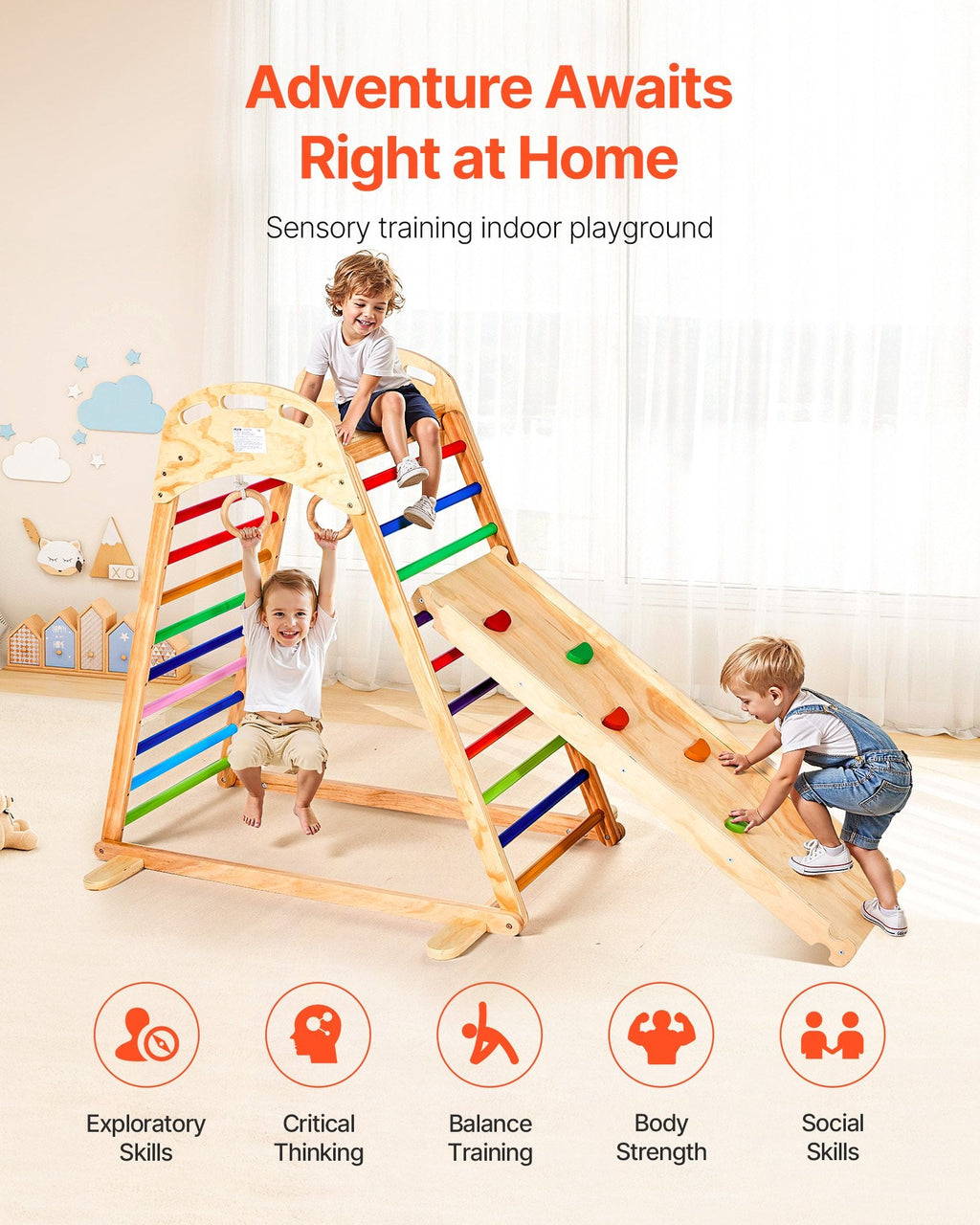 Indoor Playground Jungle Gym, 4-in-1 Wooden Indoor Playground Playset