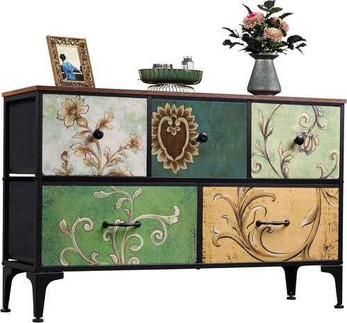 Floral Painted Dresser With 5 Drawers And Fabric Bins