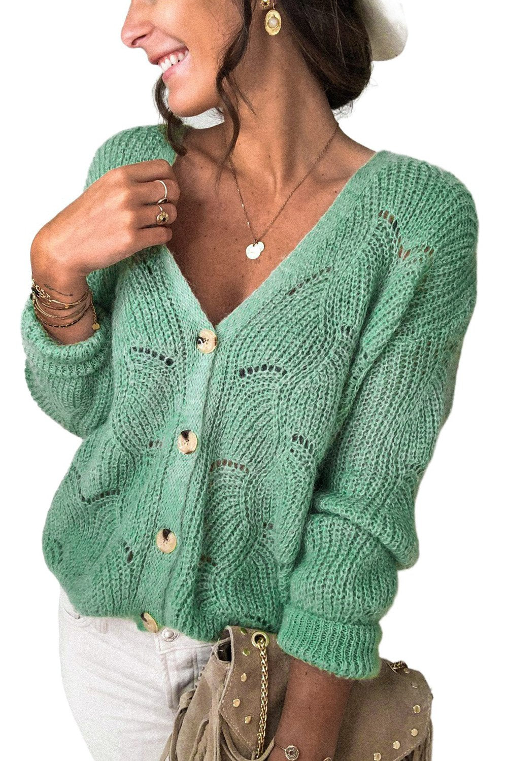 Khaki V Shaped Neckline Buttoned Knit Sweater