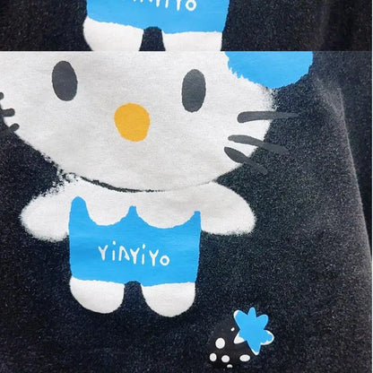 Hello Kitty High-Quality New Short-Sleeved Cotton Retro Age-Reducing Tops Cartoon Loose T-Shirt Street Fashion Hot-Selling Gifts