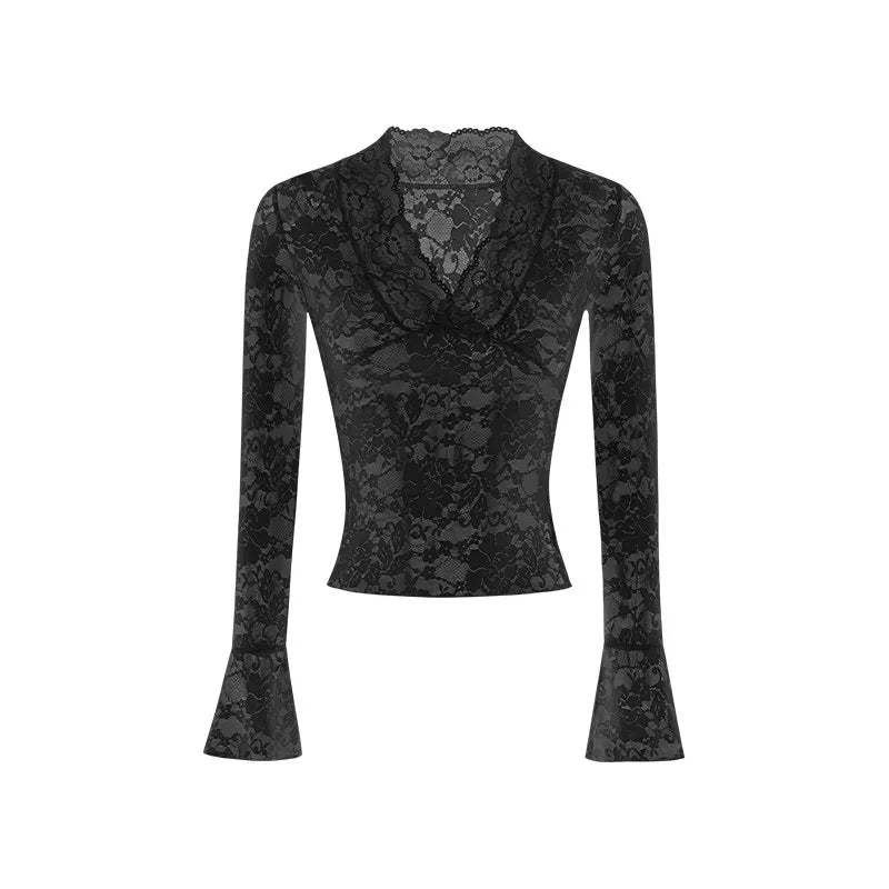 2026 Spring Sexy V-neck Lace Long Sleeved T-shirt Fashionable Women's Waist Cinching Slimming Fit Pullover Casual Club Outfit