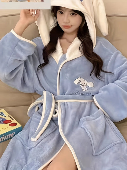 Sanrio My Melody Adorable Hooded Bathrobe with Water-absorbing and Quick-drying Features Cartoon-flannel Bathrobe for Woman