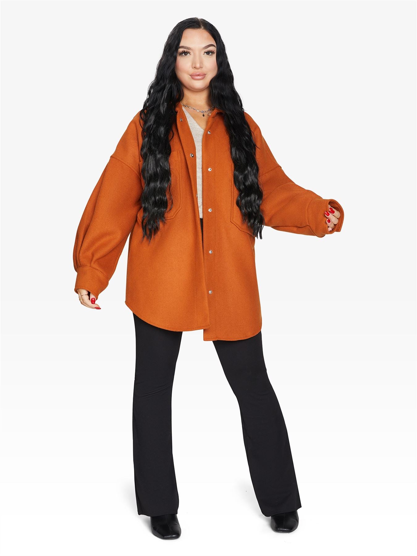 Oversized Patch Pocket Shacket by Rose Eleusis, a stylish jacket with large front patch pockets and relaxed fit.