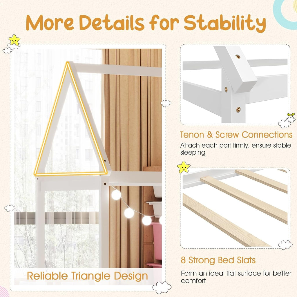 Twin House Bed Frame With Roof Canopy Montessori For Kids