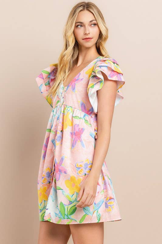 [Size L] Floral Printed Dress in Blush | V Neckline Button Down Mini