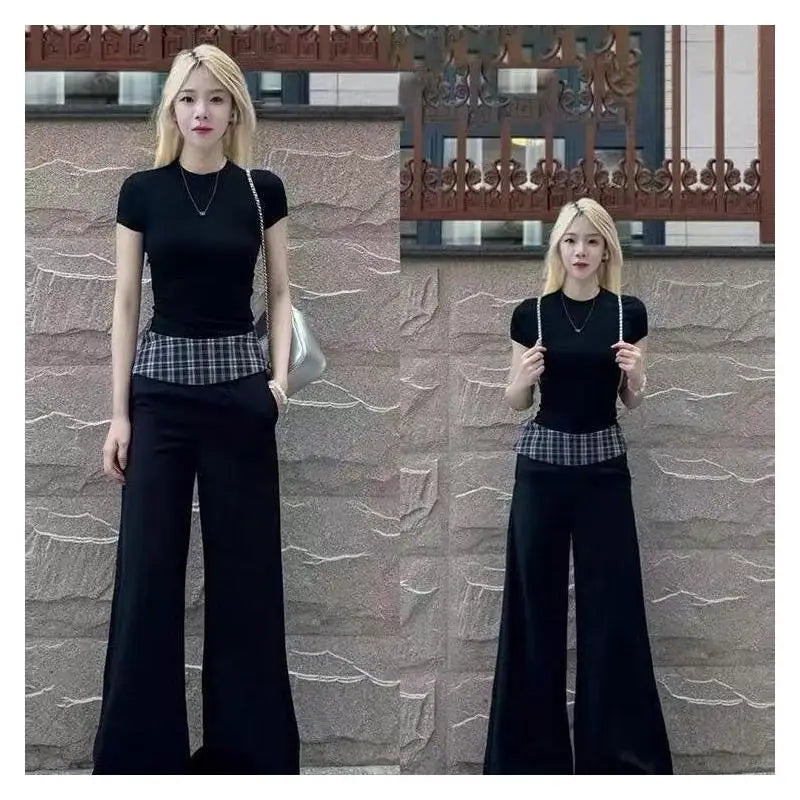 Women's Suit Fashion 2 Piece Set Short Sleeve Top Wide Leg Pants Cotton Women Summer Casual Elegant American Style Premium
