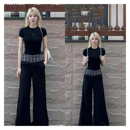 Women's Suit Fashion 2 Piece Set Short Sleeve Top Wide Leg Pants Cotton Women Summer Casual Elegant American Style Premium