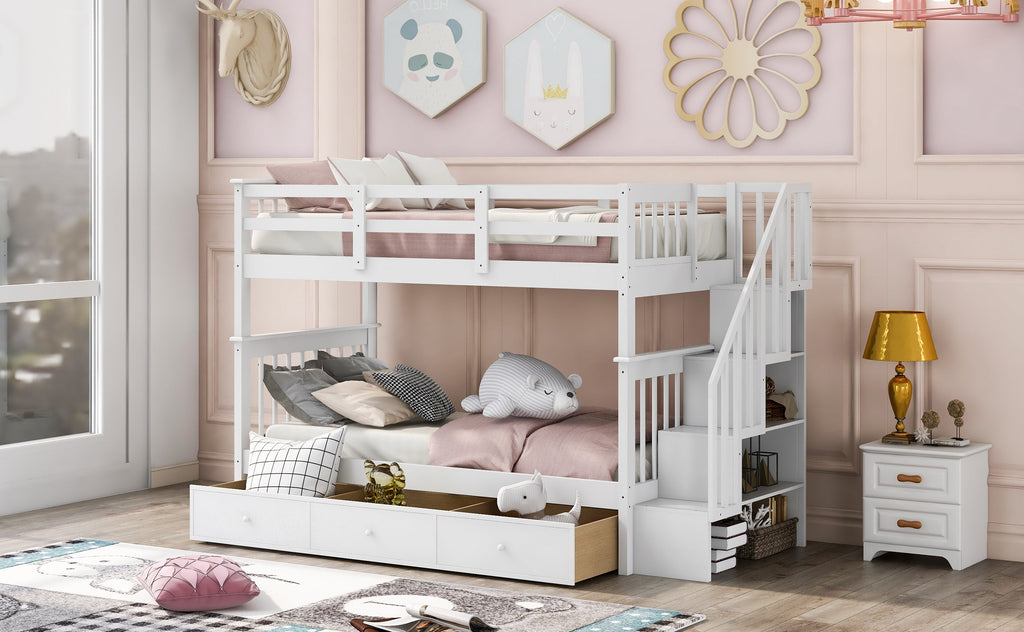 Stairway Twin-Over-Twin Bunk Bed with Three Drawers for Bedroom, Dorm