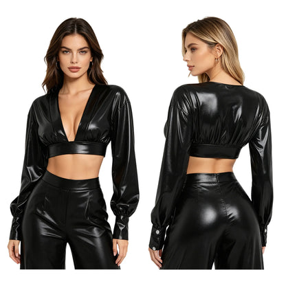 Womens Y2K Metallic Shiny Hip Hop Crop Top Deep V Neck Balloon Long Sleeve Button Cuffs Blouses Tops Disco Party Rock Clubwear