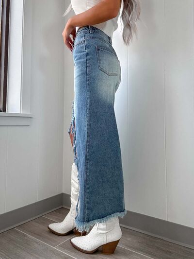 Women's High-Waist Raw Hem Asymmetry Denim Skirt