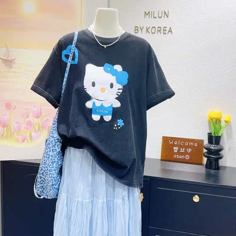 Hello Kitty High-Quality New Short-Sleeved Cotton Retro Age-Reducing Tops Cartoon Loose T-Shirt Street Fashion Hot-Selling Gifts