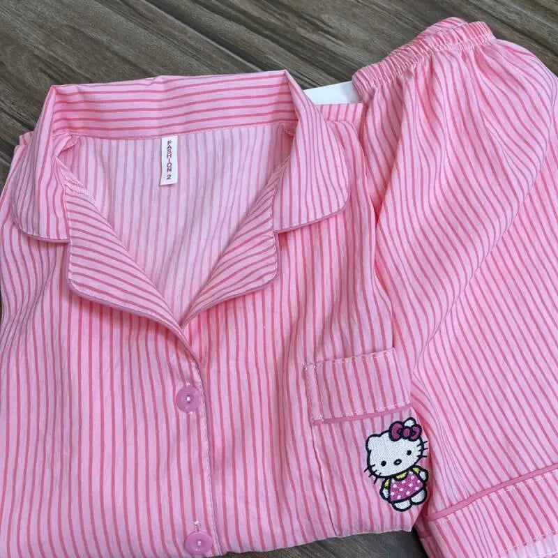 Hello Kitty Short-Sleeved Embroidered Popular Cartoon Pajamas for Women In Summer Sweet Loose Comfortable Breathable Home Wear