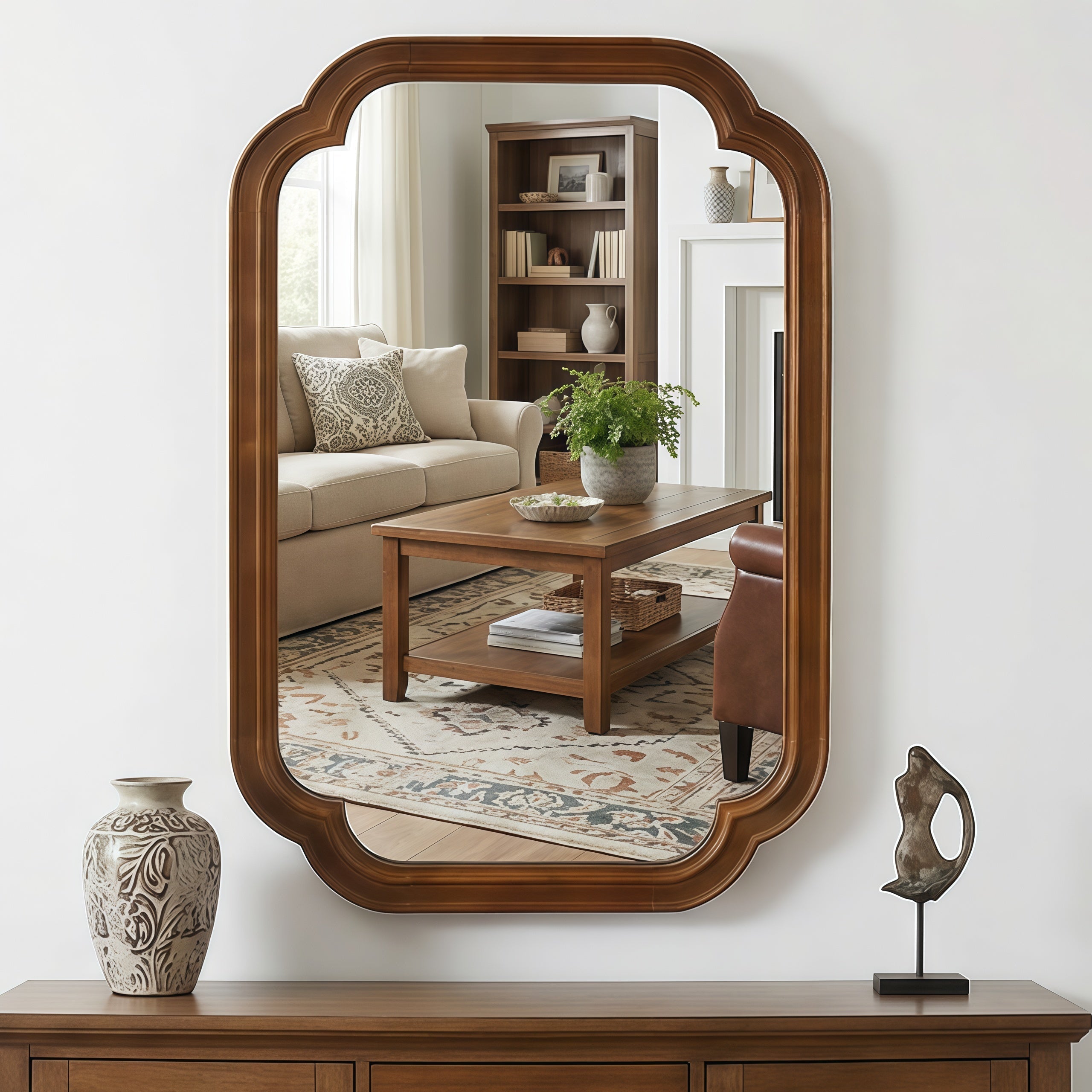 Solid Wood Frame Rounded Corner Decorative Mirror, For Bedroom,