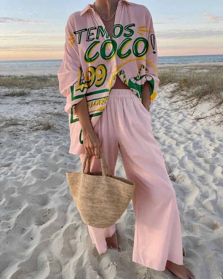 Funny Printed Loose Two Piece Set Women Tropical Beach Holiday Outfits 2024 Casual Lapel Button Shirt Wide Leg Pants Sets