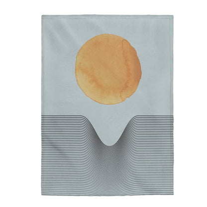 Blue plush throw blanket featuring abstract sun art design by Yellow Pandora, available in three sizes for home decor.