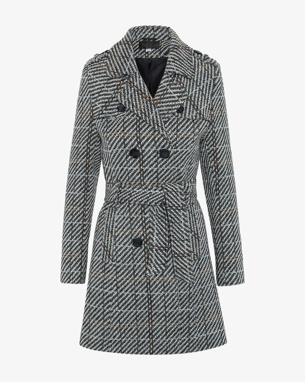 Wool Blend Check Double Breasted Military Coat