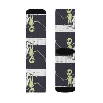 Funny Alien Selfie Socks by Yellow Pandora featuring colorful alien and space-themed designs on soft, comfortable socks.