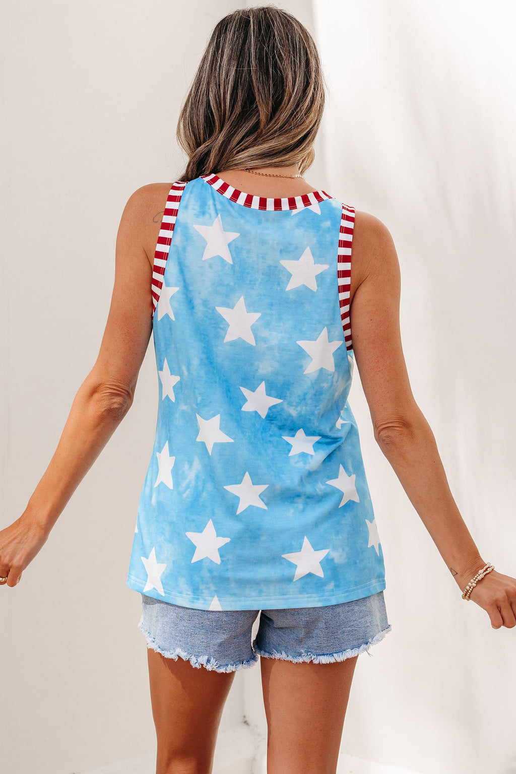 Americana Stars Stripe Trim Round Neck Tank Top