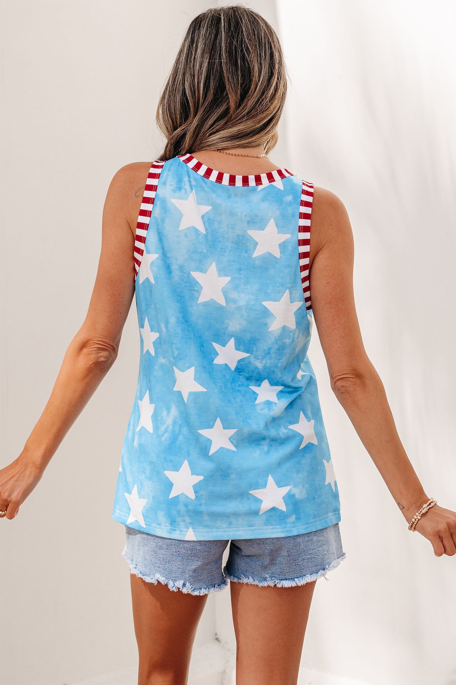 Americana Stars Stripe Trim Round Neck Tank Top