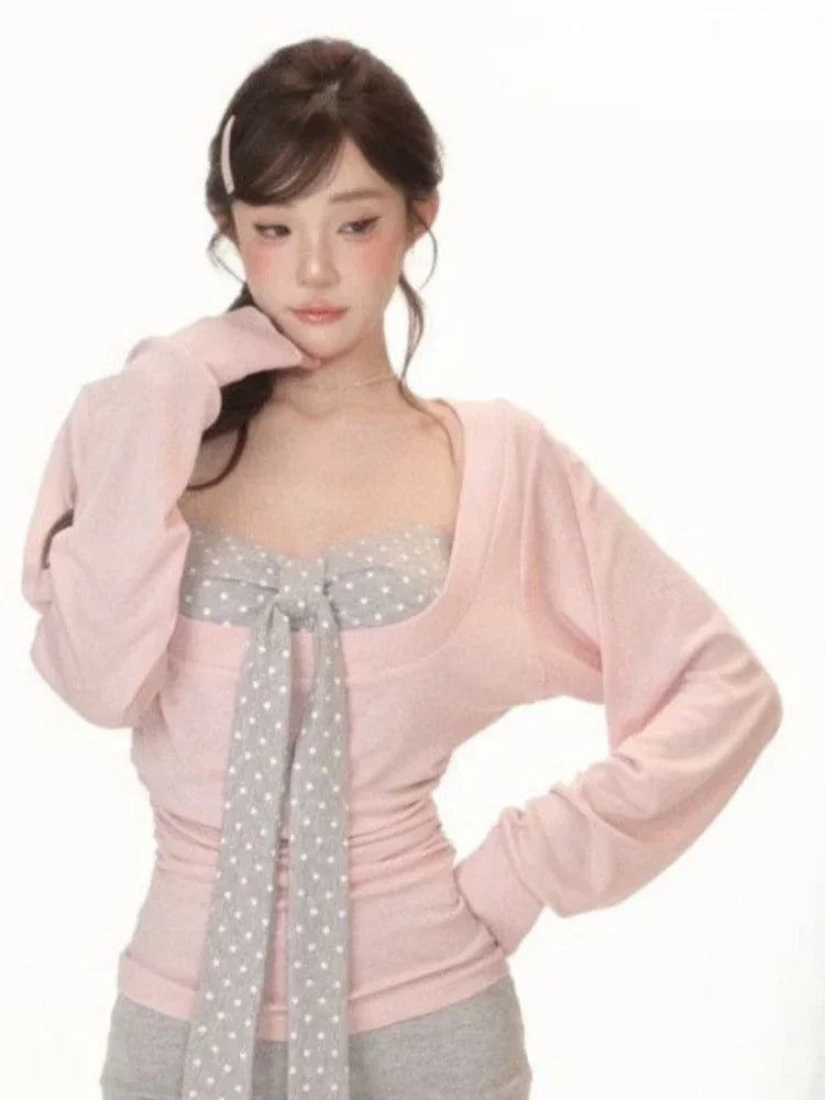 Y2K Two Piece Set: Sexy Pleated Top & Polka Dot Strapless Vest, Fairy Grunge Suit