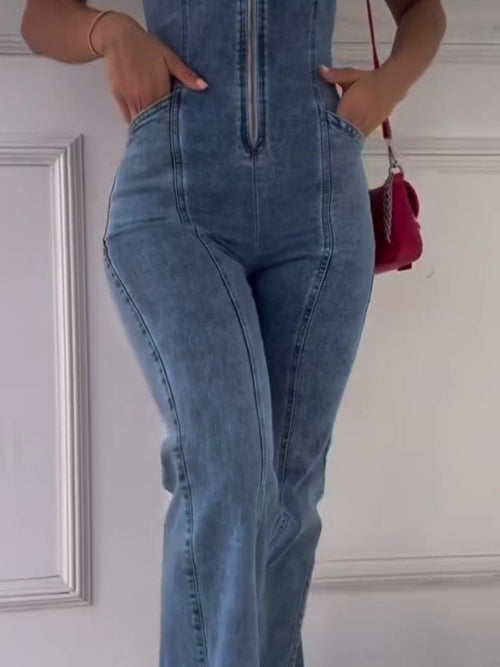DenimDare™ Sleeveless Paneled Denim Jumpsuit – Edgy, Feminine,