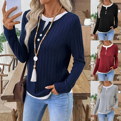 Women' Shirt Longsleeve Round Neck Women T Shirts Ribbed Burgundy Long Sleeve T Shirt Mock Two Piece Black Knit Top
