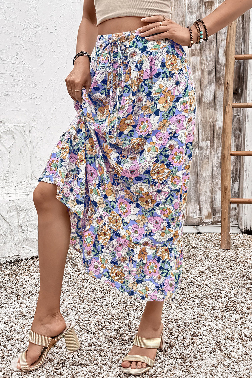 Floral Lace Up High Waist Ruffle Maxi Skirt