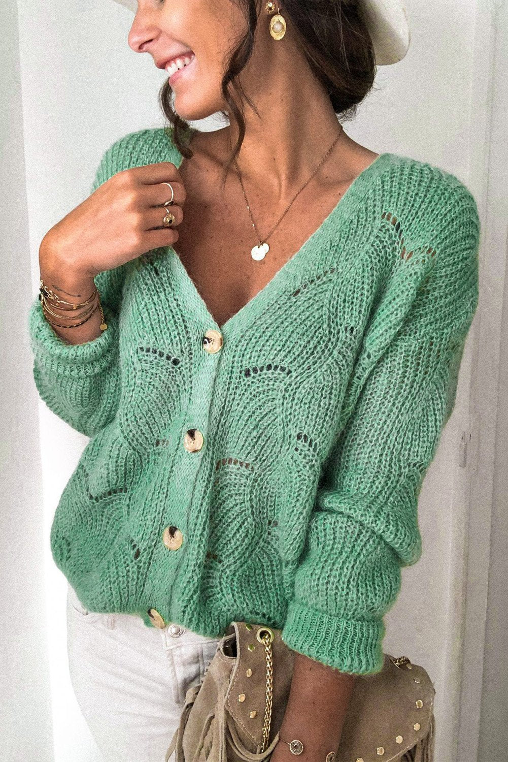 Khaki V Shaped Neckline Buttoned Knit Sweater