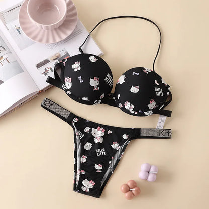 Hello Kitty New Cartoon Strapless Strap-On Bra and Panties Set Low-Waisted T-Pants Rhinestone Letter Panties Cute Sweet Gift