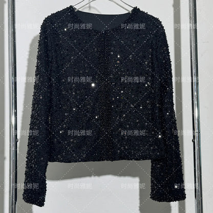 Fashion Heavy Sequin Beaded Cardigan Jacket for Women Slim Fit Bodycon Mid-Length Skirt Trendy Long Sleeve Coat