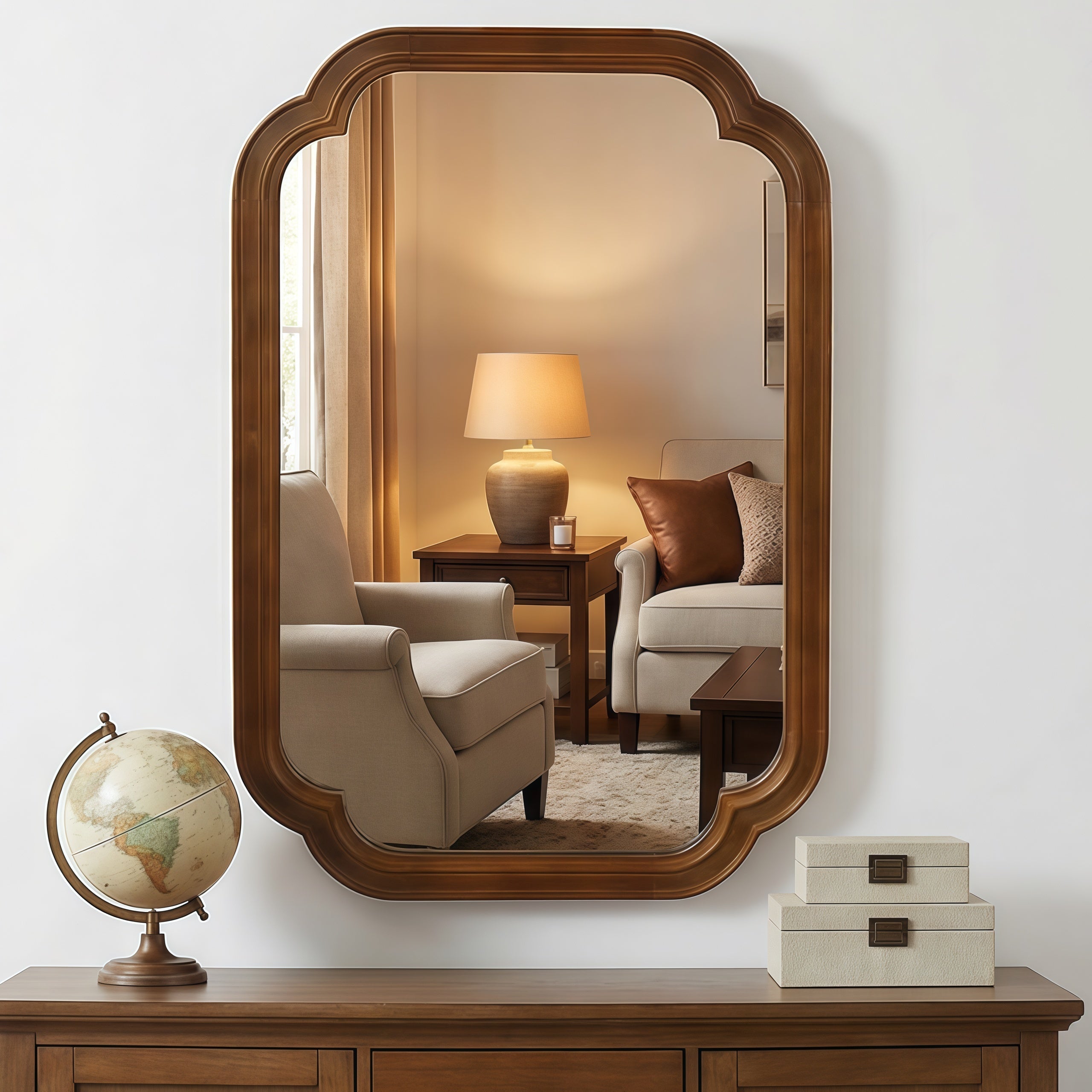 Solid Wood Frame Rounded Corner Decorative Mirror, For Bedroom,