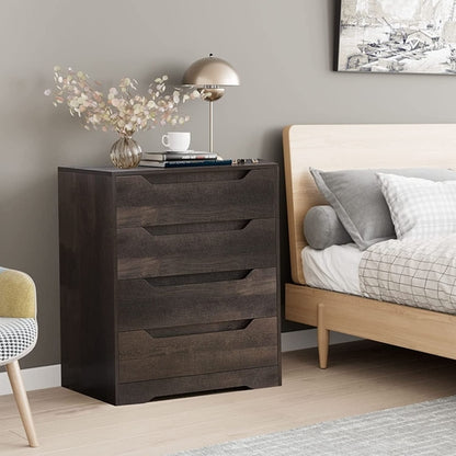 Dark brown Peach Maple 4-drawer dresser with wooden handles, ideal for bedroom storage and organization.