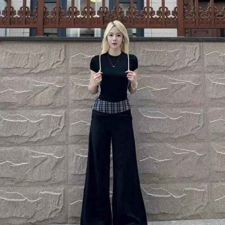 Women's Suit Fashion 2 Piece Set Short Sleeve Top Wide Leg Pants Cotton Women Summer Casual Elegant American Style Premium