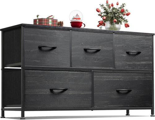 Charcoal Black Wood Grain Dresser With 5 Drawers And Fabric Bins