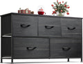 Charcoal Black Wood Grain Dresser With 5 Drawers And Fabric Bins