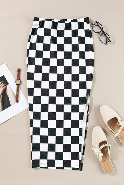 Byzantium Bay checker side slit high waist midi skirt, black and white pattern, flowing fabric, stylish women&