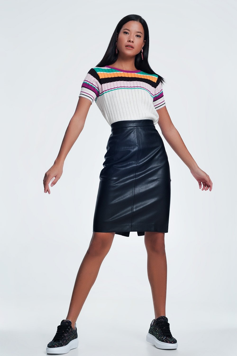 Black faux leather pencil skirt from Erin Theia, fitted women&